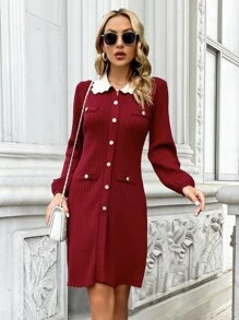 Casual Colorblock Turndown Collar Lantern Sleeve Knit Dress, Spring And Autumn - Burgundy - View 5