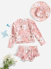 Tankini volantée avec imprimé plantes jeune fille et chapeau, été plage