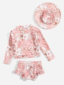 Tankini volantée avec imprimé plantes jeune fille et chapeau, été plage