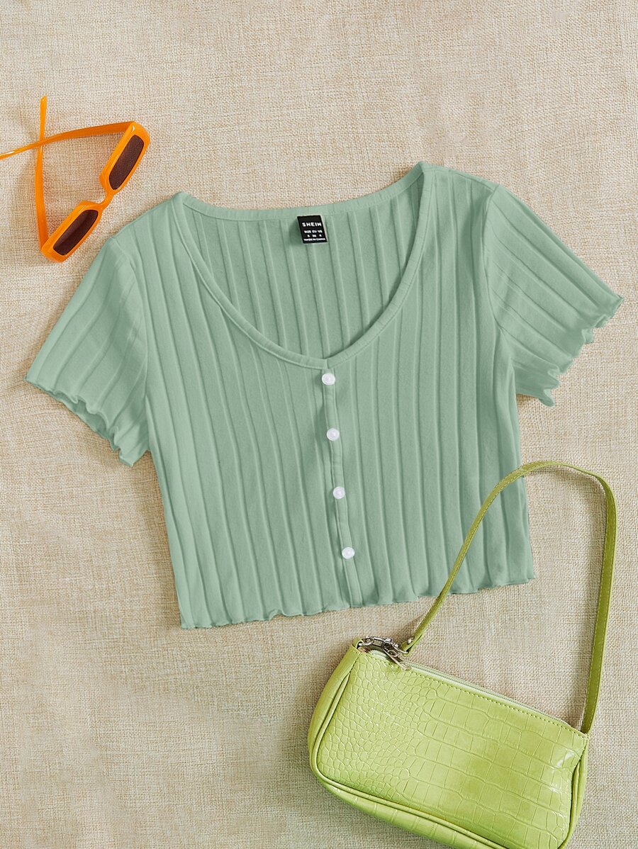 SHEIN EZwear Button Up Lettuce Edge Top - Mint Green - View 1