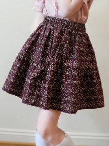 SOLOCOTE Girls Ditsy Floral Print Ruffle Hem Skirt - Burgundy - View 1