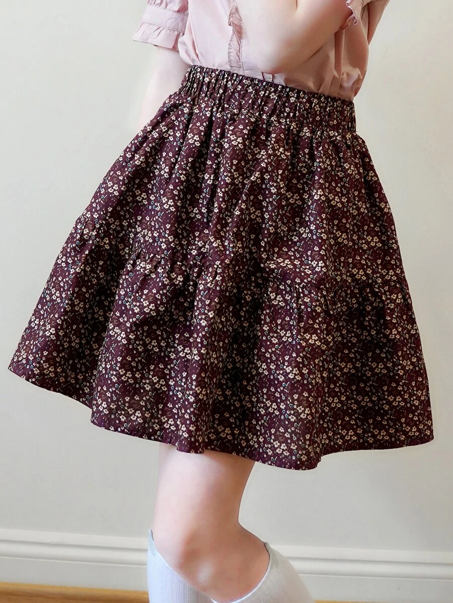 SOLOCOTE Girls Ditsy Floral Print Ruffle Hem Skirt - Burgundy - View 1