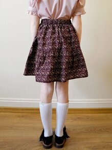 SOLOCOTE Girls Ditsy Floral Print Ruffle Hem Skirt - Burgundy - View 2