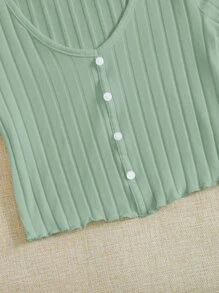 SHEIN EZwear Button Up Lettuce Edge Top - Mint Green - View 5