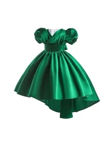 Girls' Elegant Puff Sleeve Delicate Train Party Dress With Satin Fabric For Wedding, Host, Holiday - Dark Green - View 1