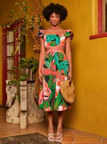 SHEINNeu Tropical Print Ruffle Trim Cut Out Waist Dress - Multicolor - View 3