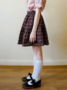 SOLOCOTE Girls Ditsy Floral Print Ruffle Hem Skirt - Burgundy - View 4
