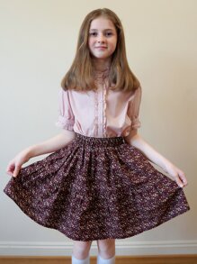 SOLOCOTE Girls Ditsy Floral Print Ruffle Hem Skirt - Burgundy - View 5