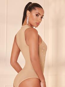 SHEIN BAE Rhinestone Detail Mock Neck Mesh Bodysuit - Apricot - View 2