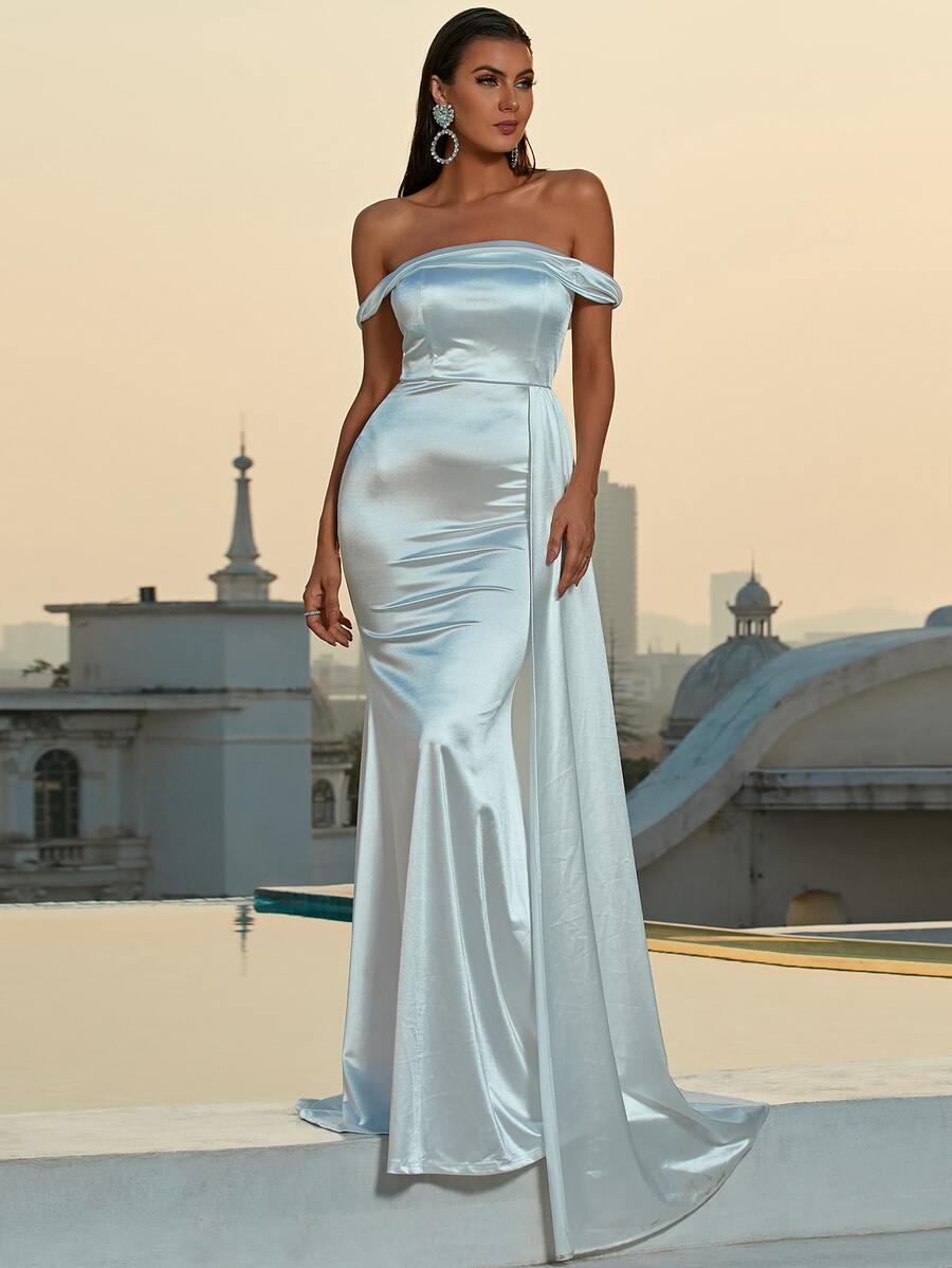 Missord Off Shoulder Draped Side Mermaid Hem Satin Formal Dress Evening Dress - White - View 1