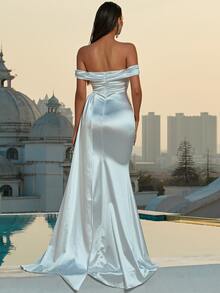Missord Off Shoulder Draped Side Mermaid Hem Satin Formal Dress Evening Dress - White - View 2