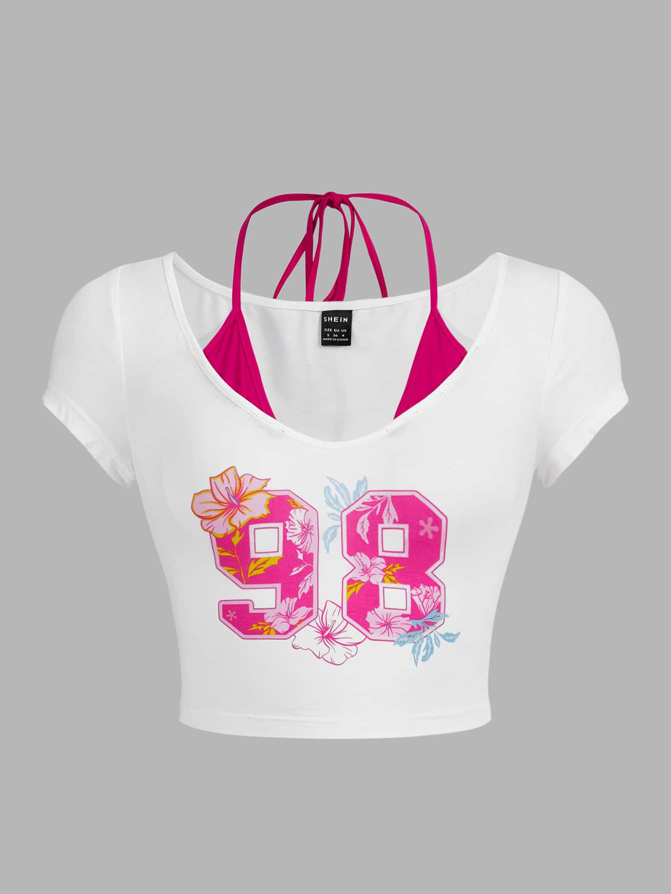 SHEIN ICON Áo thun nữ Buộc lại 2 trong1 Hoa Lá thư Giải trí - trắng - Xem 1