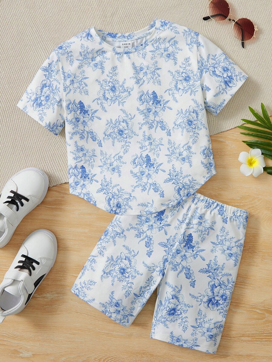 SHEIN 小女童印花T恤和短褲 - 藍白色 - 查看 1