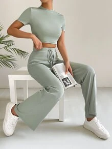 SHEIN Essnce Bộ đồ hai mảnh nữ Dây kéo Thắt nút màu trơn Giải trí - Màu xanh Bạc hà - Xem 1