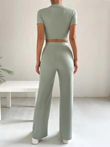 SHEIN Essnce Bộ đồ hai mảnh nữ Dây kéo Thắt nút màu trơn Giải trí - Màu xanh Bạc hà - Xem 3