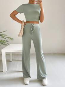 SHEIN Essnce Bộ đồ hai mảnh nữ Dây kéo Thắt nút màu trơn Giải trí - Màu xanh Bạc hà - Xem 2