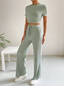 SHEIN Essnce Bộ đồ hai mảnh nữ Dây kéo Thắt nút màu trơn Giải trí - Màu xanh Bạc hà - Xem 6