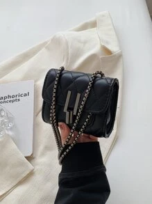 Mini Square Bag Quilted Chain Strap Solid Colour - Black - View 4