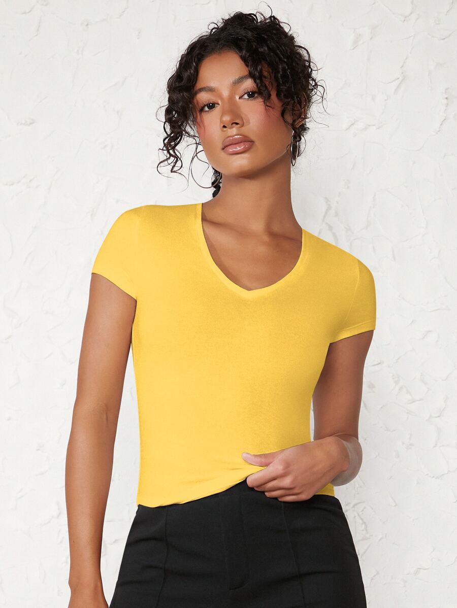 SHEIN BASICS Camiseta De Cuello En V Casual Sólida Para Verano - Amarillo - Ver 1