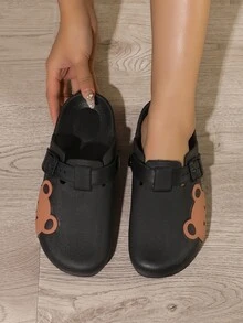 Women Cartoon Bear Design Work Clogs, PVC Preppy Clogs Black - Black - View 2