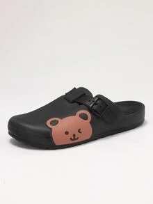 Women Cartoon Bear Design Work Clogs, PVC Preppy Clogs Black - Black - View 3