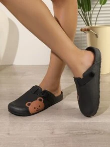 Women Cartoon Bear Design Work Clogs, PVC Preppy Clogs Black - Black - View 5