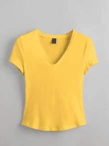 SHEIN BASICS Camiseta De Cuello En V Casual Sólida Para Verano - Amarillo - Ver 10