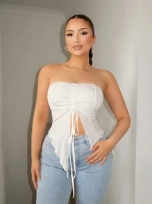 SHEIN SXY 前抽繩不對稱下擺抹胸上衣 - 白色 - 查看 1