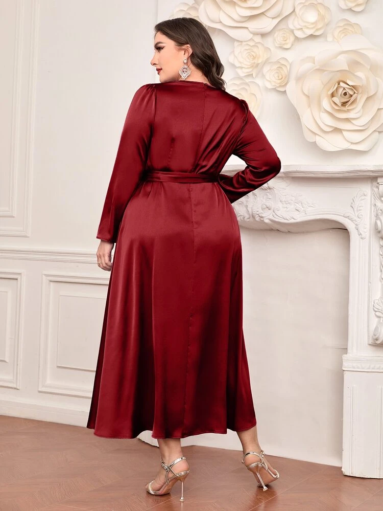Burgundy Red Plus Contrast Sequin Belted Satin Dress Long Evening Dresses