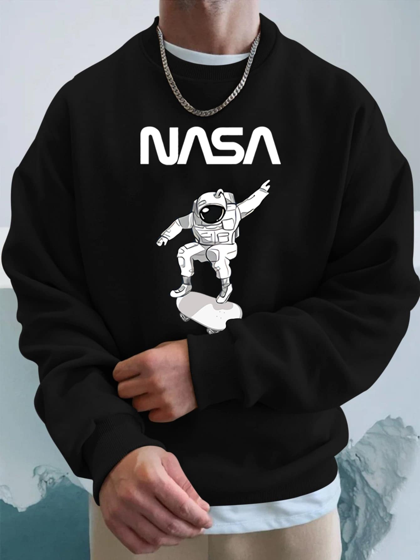 Manfinity Hombres Sudadera térmica con letra & con estampado de astronauta - Negro - Ver 1