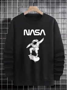 Manfinity Hombres Sudadera térmica con letra & con estampado de astronauta - Negro - Ver 3