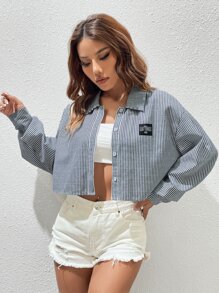 SHEIN EZwear Striped Print Letter Patched Detail Drop Shoulder Crop Shirt - Blue and White - View 5