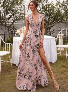 Missord Đầm Thắt lưng Xù Trọn gói Tách cao Hoa Boho - Bụi hồng - Xem 1