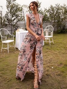 Missord Đầm Thắt lưng Xù Trọn gói Tách cao Hoa Boho - Bụi hồng - Xem 4