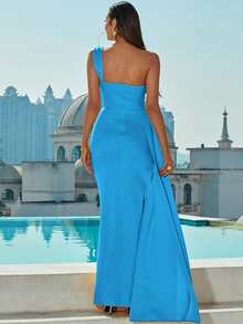 Missord One Shoulder Draped Side Split Thigh Formal Dress - Blue - View 2