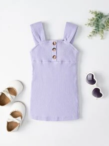 SHEIN Bebé Vestido de tirantes con diseño de botón tejido de canalé - Lila Púrpura - Ver 5