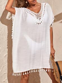 SHEIN Contrast Crochet Tassel Tie Backless Split Thigh Cover Up Dress Without Bikini - White - View 5