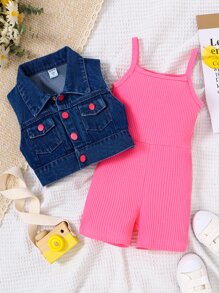 SHEIN Young Girl Flap Pocket Vest Jacket & Ribbed Knit Cami Romper, School, Campus, College - Multicolor - View 1