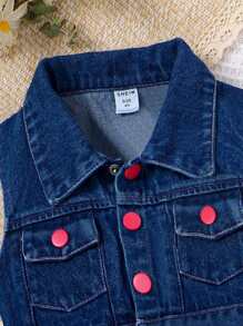 SHEIN Young Girl Flap Pocket Vest Jacket & Ribbed Knit Cami Romper, School, Campus, College - Multicolor - View 5