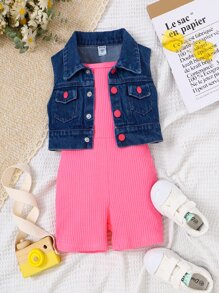 SHEIN Young Girl Flap Pocket Vest Jacket & Ribbed Knit Cami Romper, School, Campus, College - Multicolor - View 6