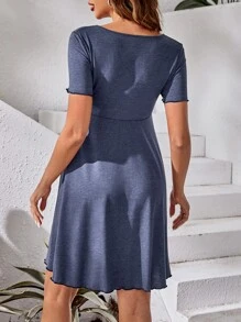 SHEIN Maternity Drawstring Front Lettuce Trim Dress - Blue - View 2