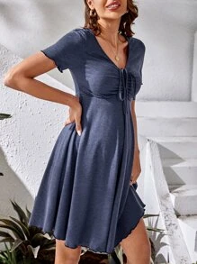 SHEIN Maternity Drawstring Front Lettuce Trim Dress - Blue - View 3