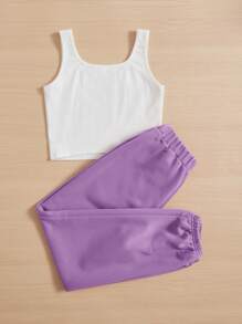 SHEIN Conjunto de top sin mangas y pantalón deportivo con gráficos de letras para niñas adolescentes - Lila Púrpura - Ver 2