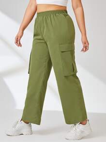 SHEIN EZwear Plus Flap Pocket Side Cargo Trousers - Army Green - View 3