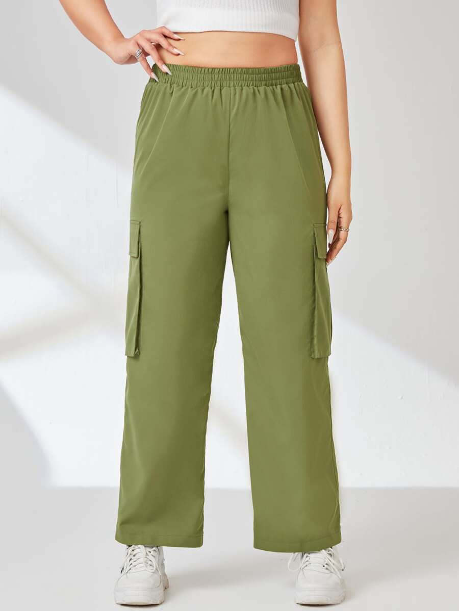 SHEIN EZwear Plus Flap Pocket Side Cargo Trousers - Army Green - View 1