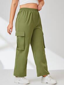 SHEIN EZwear Plus Flap Pocket Side Cargo Trousers - Army Green - View 5
