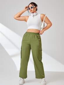 SHEIN EZwear Plus Flap Pocket Side Cargo Trousers - Army Green - View 4