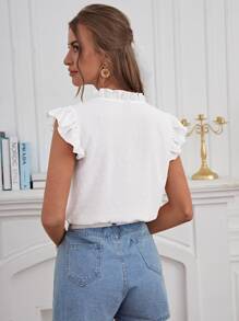 SHEIN Frenchy Swiss Dot Frill Notched Neck Ruffle Trim Blouse - White - View 2