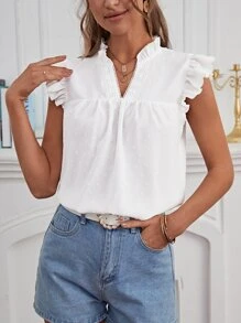 SHEIN Frenchy Swiss Dot Frill Notched Neck Ruffle Trim Blouse - White - View 4