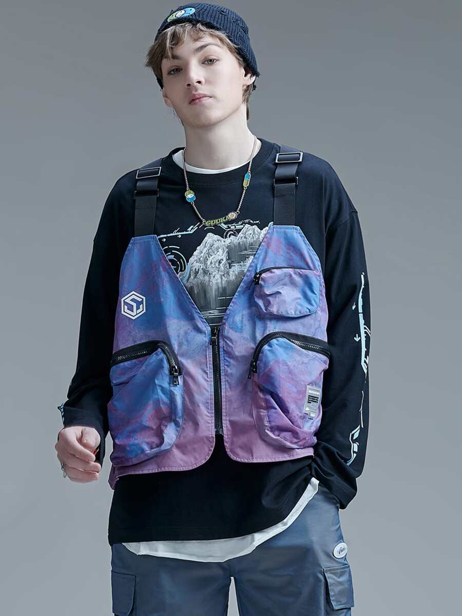 Men Letter Graphic Buckle Decor Zipper Pocket Vest Jacket - Multicolor - View 1